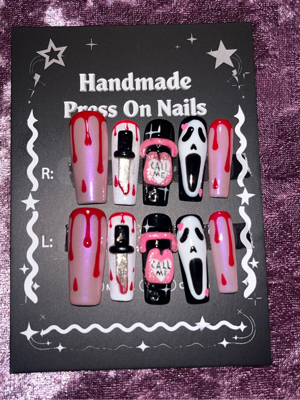 Red & Pink Halloween Press-On Nails - Cute Spooky Design